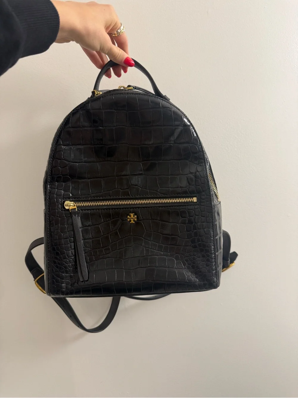 Tory Burch Black Croc-Embossed Leather Mini Backpack with Gold Hardware